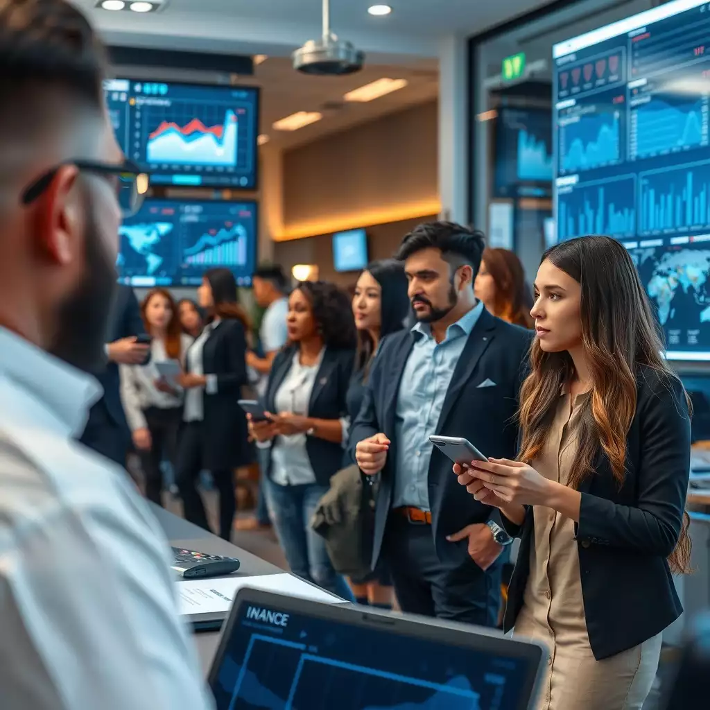 A modern office environment featuring diverse professionals interacting with advanced AI tools and digital screens displaying analytics, conveying a sense of professionalism and responsible technology use in recruitment.
