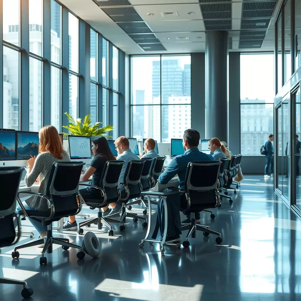 A modern office environment showcasing employees at their desks, with natural light flooding in through large windows. The scene conveys a sense of urgency and contemplation about the future of work, featuring empty chairs and digital screens displaying analytics. Diverse employees are engaged in discussions, reflecting the current corporate landscape.