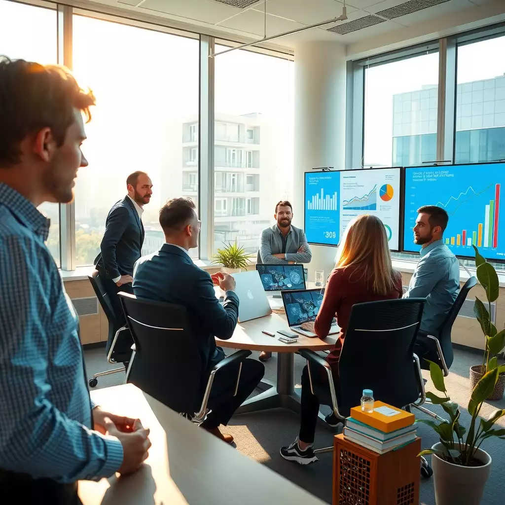 A modern office scene depicting a diverse team engaged in discussions about hiring strategies, surrounded by digital screens displaying charts and graphs, conveying a sense of determination and collaboration.