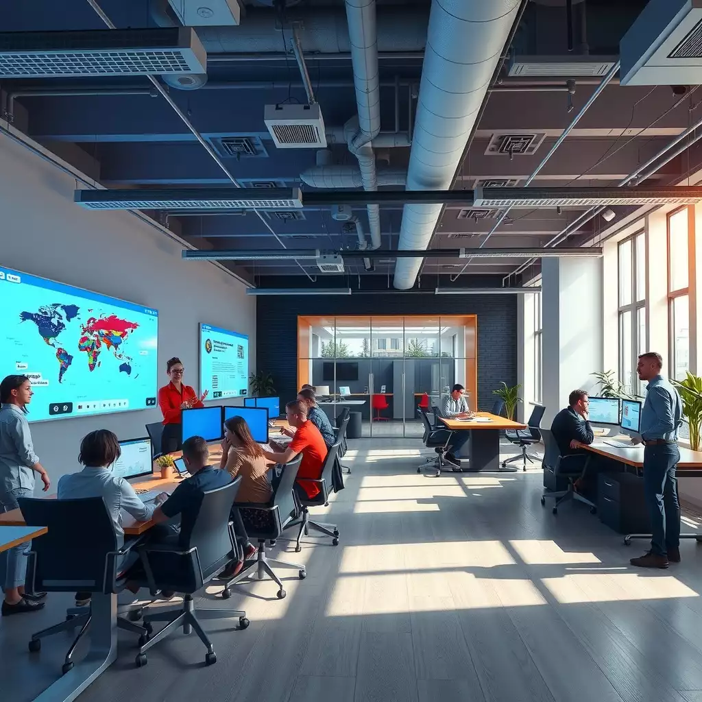 Modern office space in Brooklyn with collaborative work areas, digital screens, and diverse teams engaged in discussions. The design reflects a vibrant and professional atmosphere, showcasing elements of local culture.