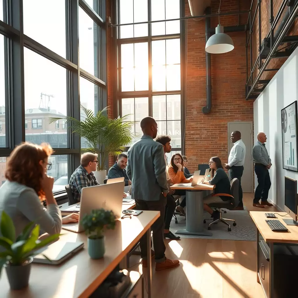 A vibrant modern workspace in Brooklyn featuring diverse professionals collaborating, surrounded by contemporary office design elements and visual data displays.