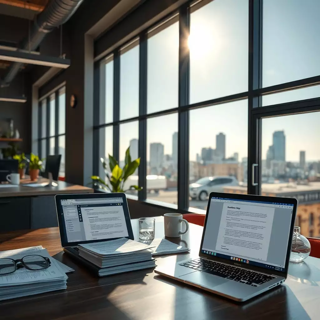 Modern office setting in Brooklyn featuring laptops, documents, and a glimpse of the skyline, conveying collaboration and professionalism.