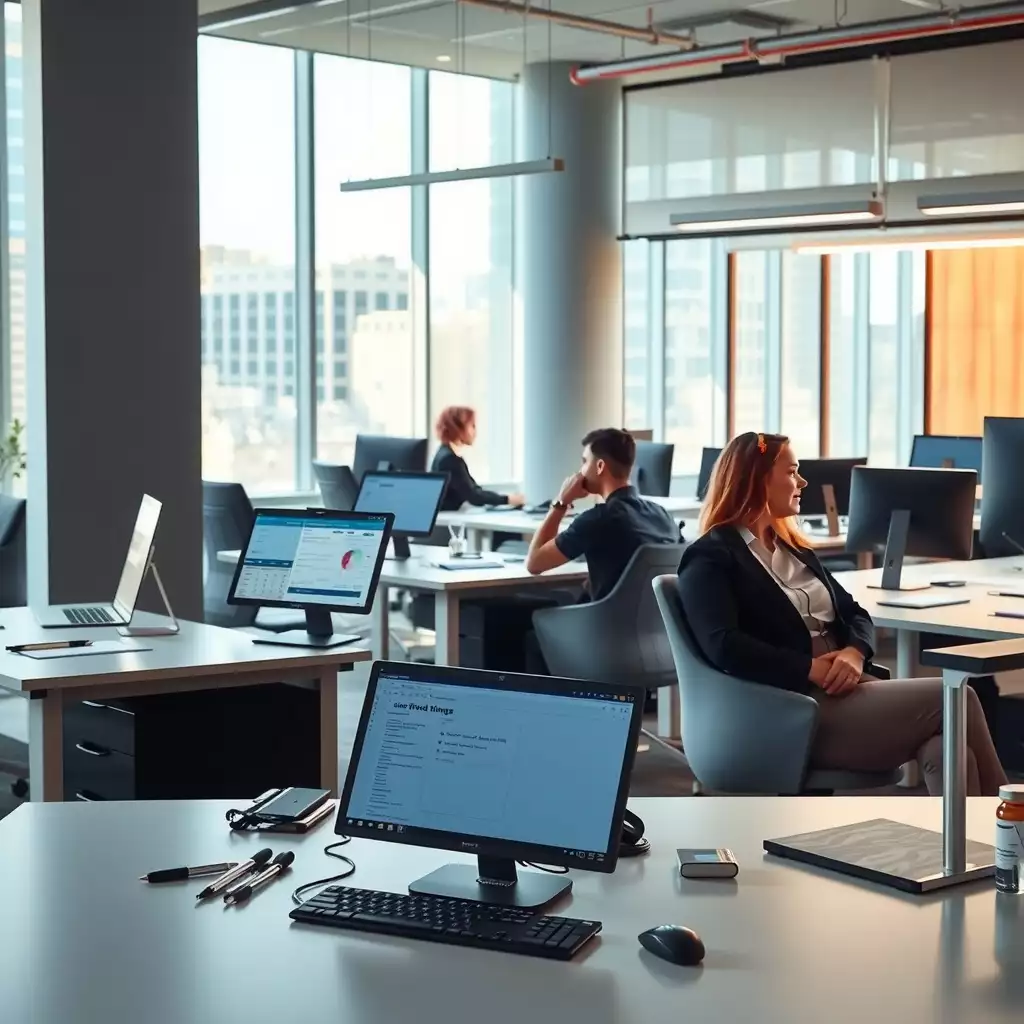 A modern office workspace designed for employee onboarding, featuring sleek desks with organized forms and digital devices, illuminated by natural light to create a professional and collaborative atmosphere.