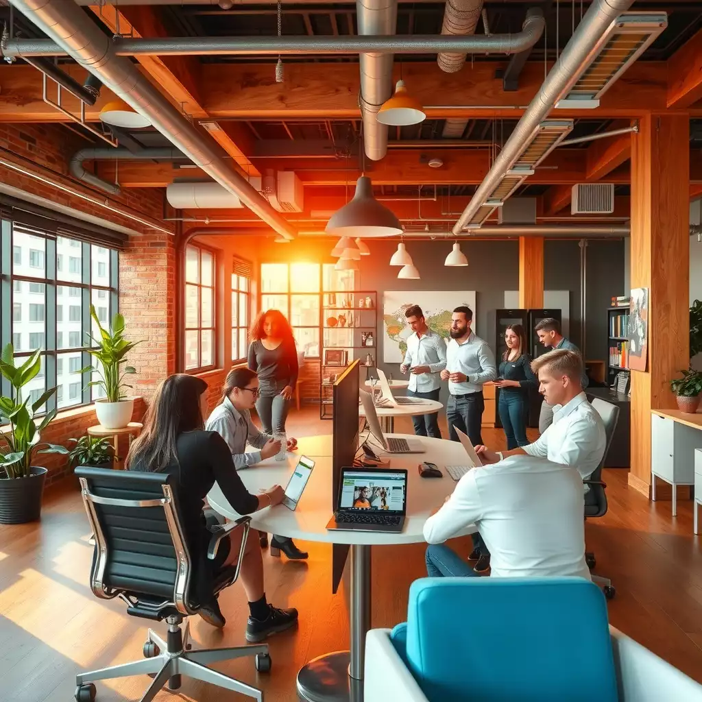 A vibrant and collaborative Brooklyn workspace filled with teams engaged in brainstorming, modern furniture, and elements of local culture, embodying innovation and synergy.