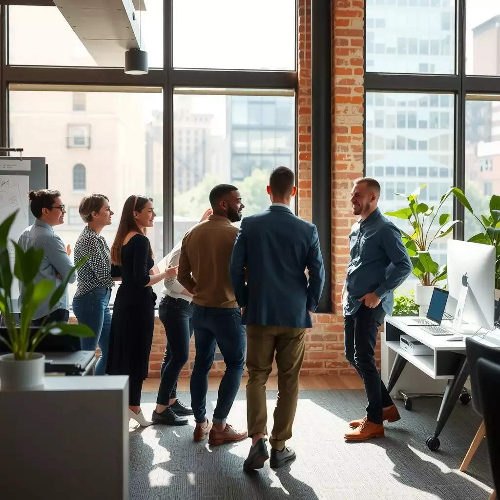 A diverse team collaborating in a modern office space, discussing hiring strategies with a focus on sales pipeline alignment. The scene captures teamwork and innovation in a vibrant work environment.