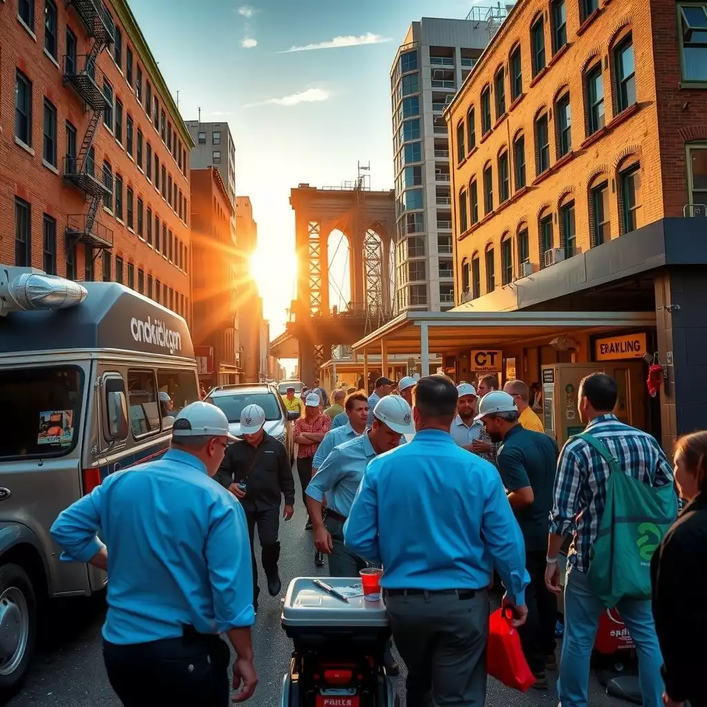 A vibrant Brooklyn street scene featuring a diverse group of workers engaged in various occupations, showcasing community and the dynamic energy of the borough.