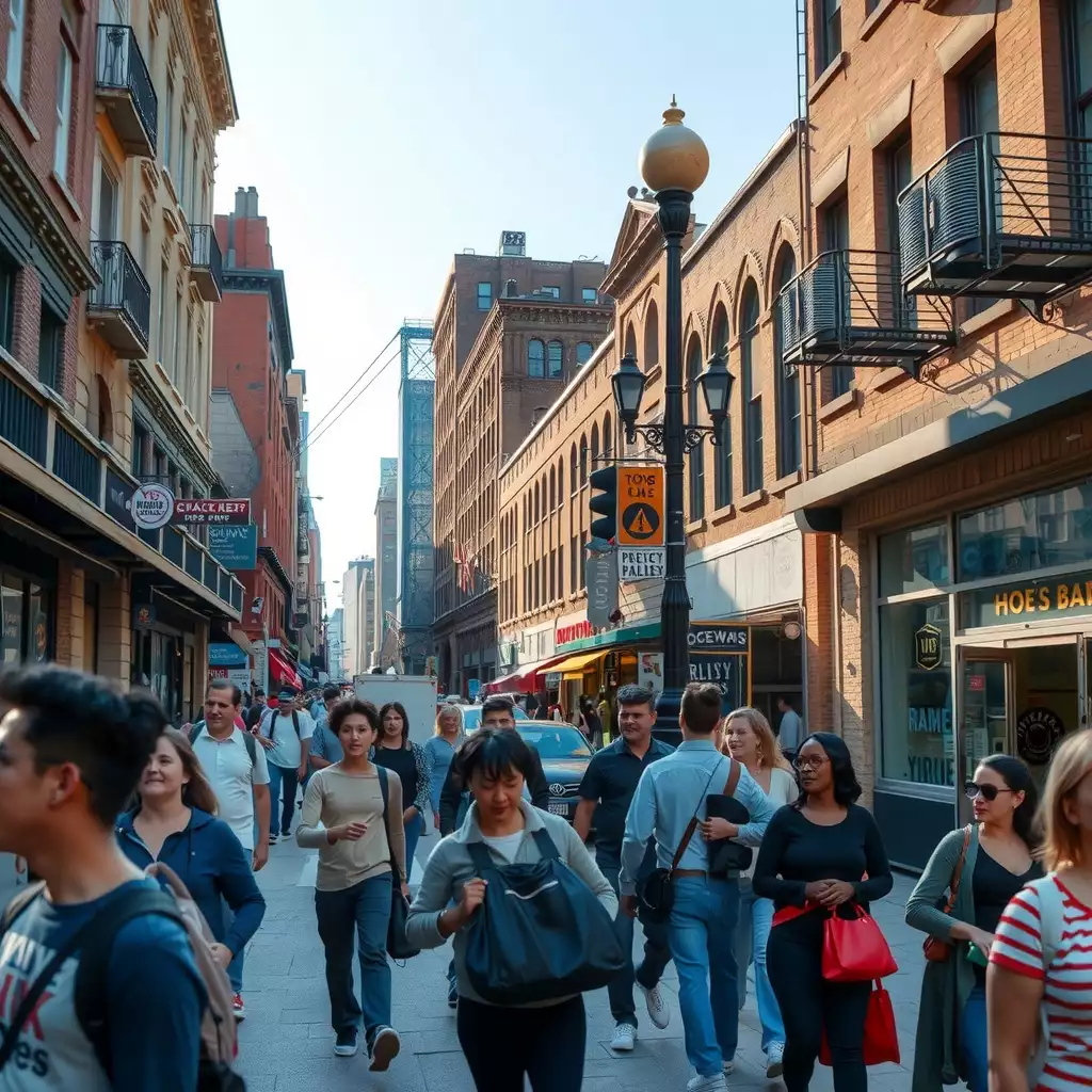A vibrant Brooklyn street scene bustling with diverse individuals, active storefronts, and hints of iconic architecture, reflecting themes of work-life balance and community engagement.