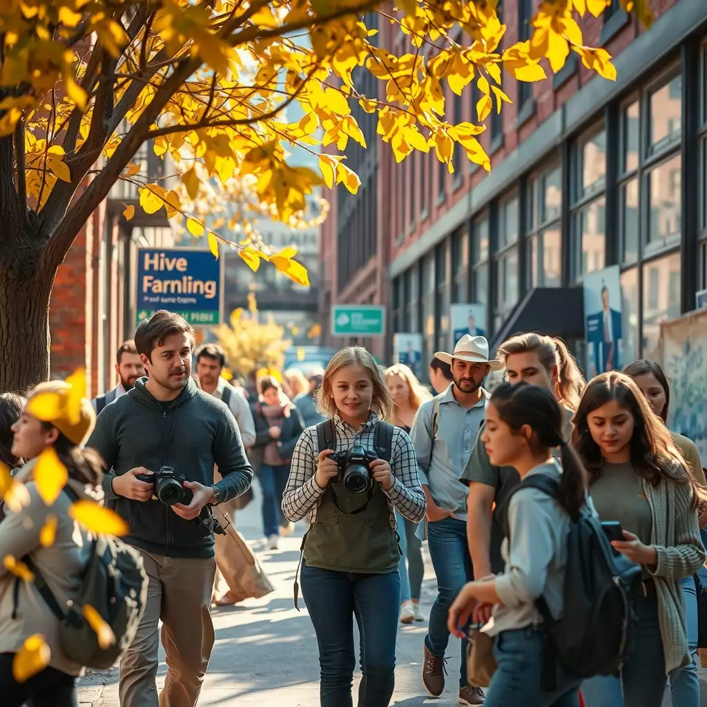 A vibrant scene of diverse young apprentices actively engaged in hands-on training with mentors, surrounded by the energetic atmosphere of Brooklyn, showcasing creativity and collaboration in various industries.