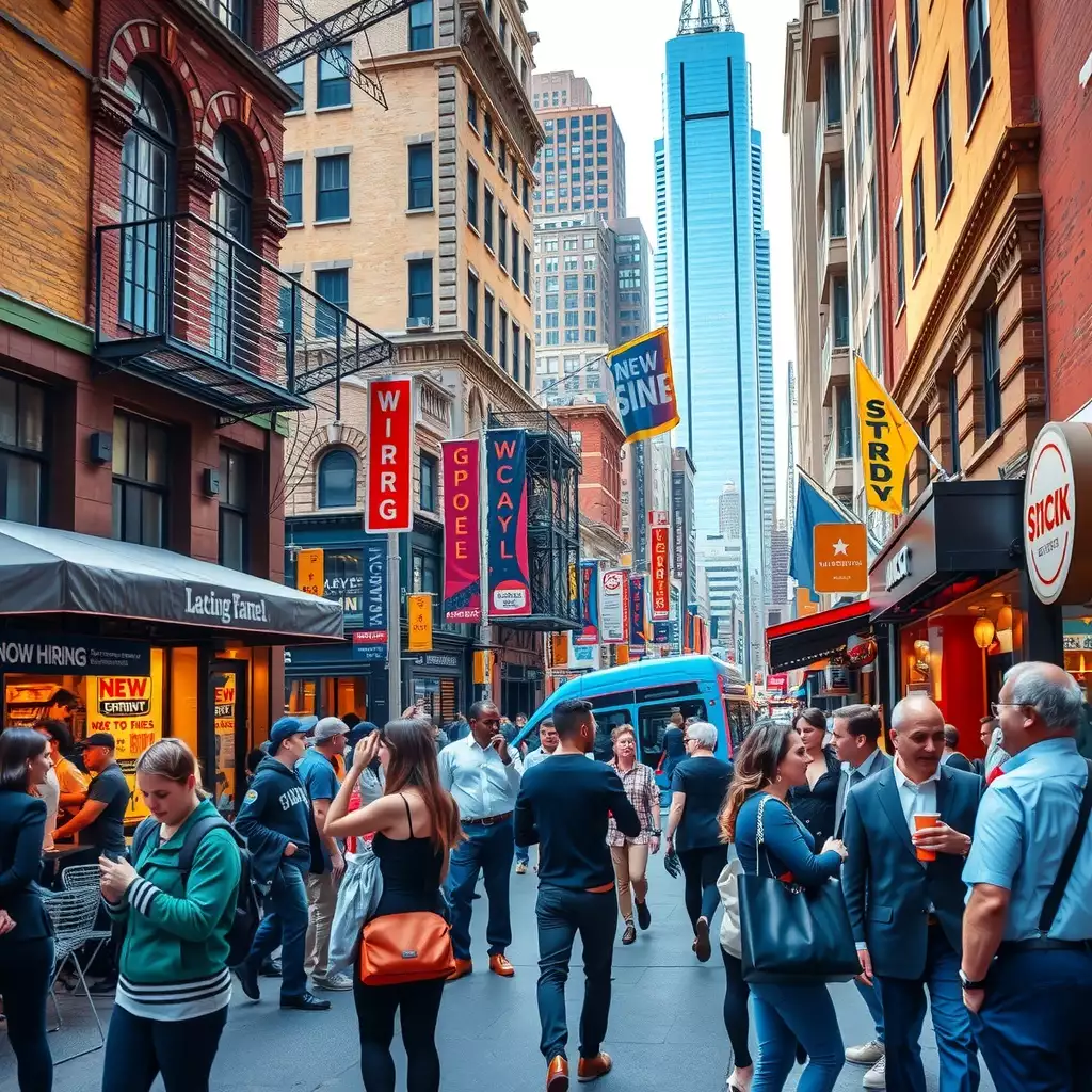 A bustling New York City street scene filled with professionals engaging in conversations, networking, and signs of economic growth, showcasing the vibrant atmosphere of the city's job market.