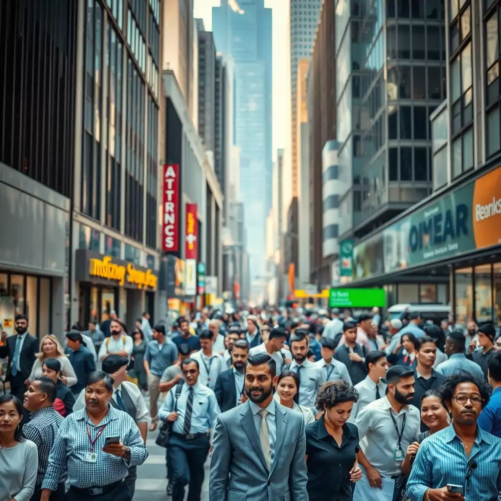 A bustling urban street scene featuring diverse individuals engaged in various temporary jobs, showcasing the contrast between traditional employment and the rising temp workforce. Modern office buildings provide a backdrop to the dynamic interactions and networking among workers, reflecting resilience and adaptability in today's economy.