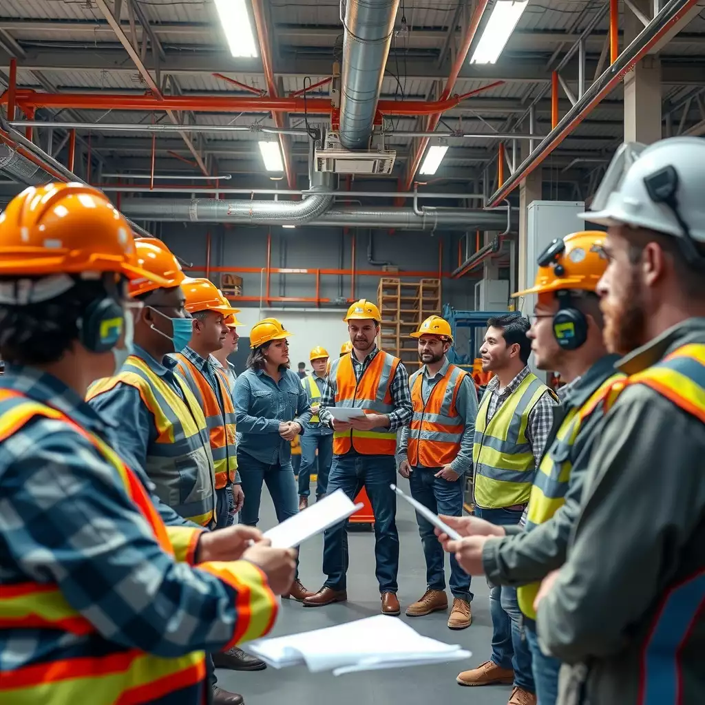 A modern safety training session with diverse participants engaged in interactive learning, showcasing safety equipment and compliance elements in a professional training facility.