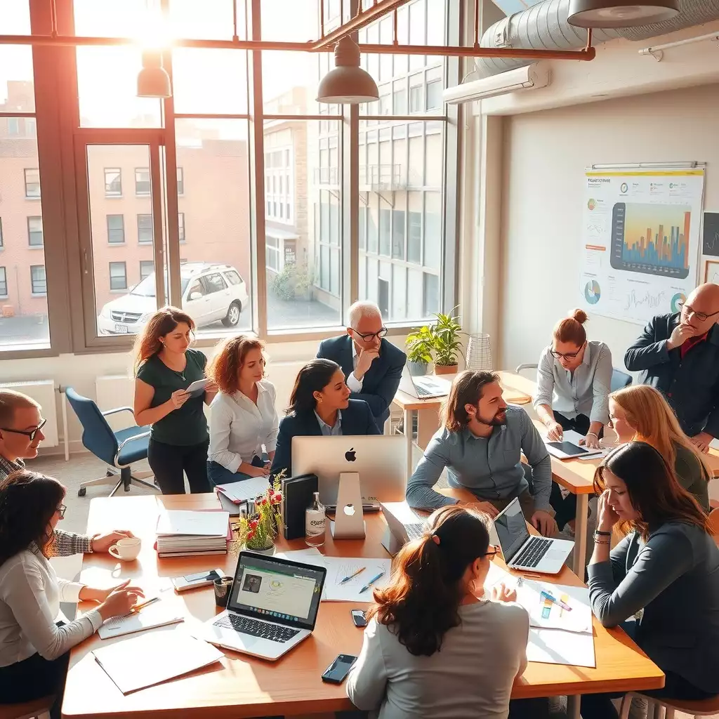 A dynamic office environment in Brooklyn, showcasing teams collaborating around tables with data reports and digital devices, highlighting innovation and productivity.
