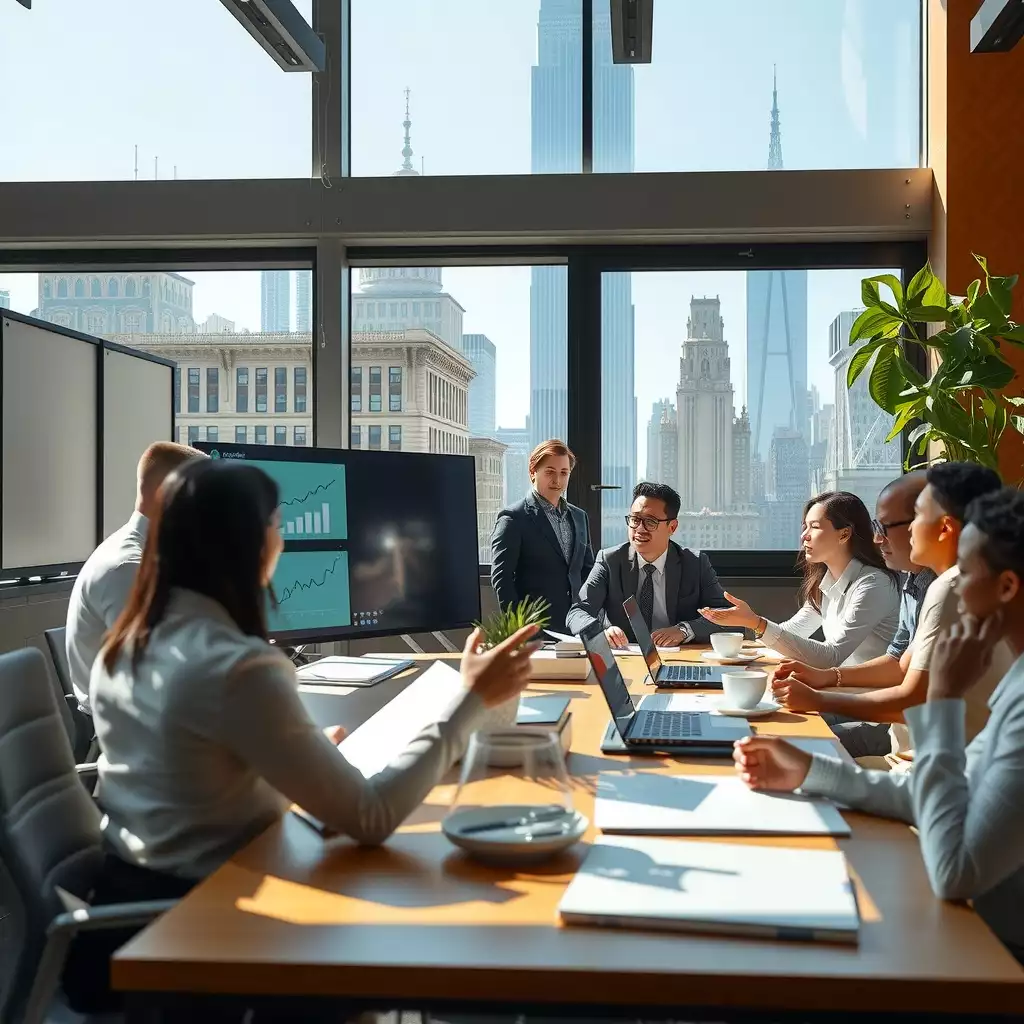A vibrant office scene in Brooklyn showcasing diverse teams collaborating on co-employment issues, featuring modern furnishings, charts on screens, and views of iconic architecture through large windows.