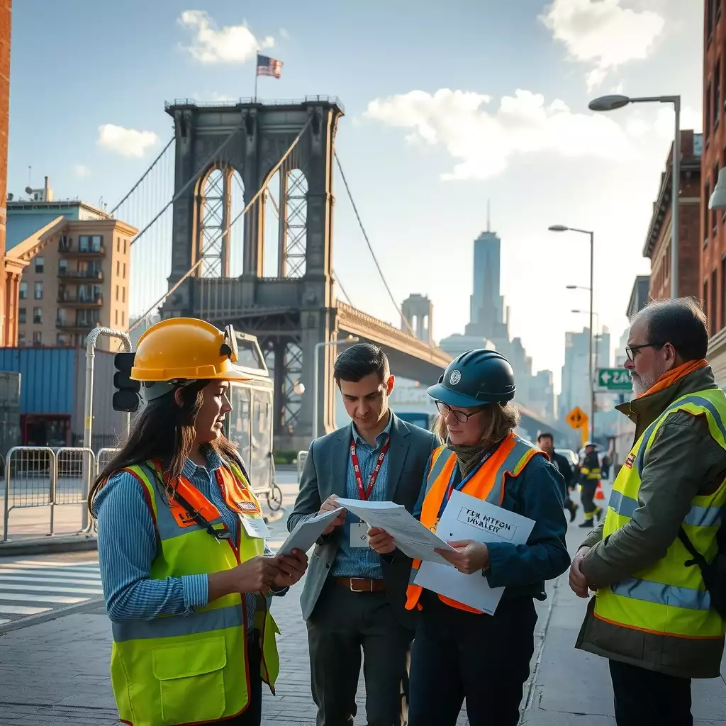 A dynamic scene of an audit team evaluating safety policies in various Brooklyn locations, featuring auditors engaged in discussions and document reviews against iconic urban backdrops.