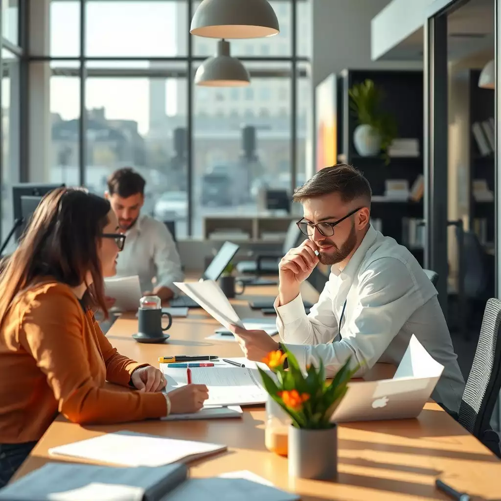 A busy office scene in Brooklyn, featuring audit professionals collaborating, analyzing documents, and using technology in a vibrant urban setting.