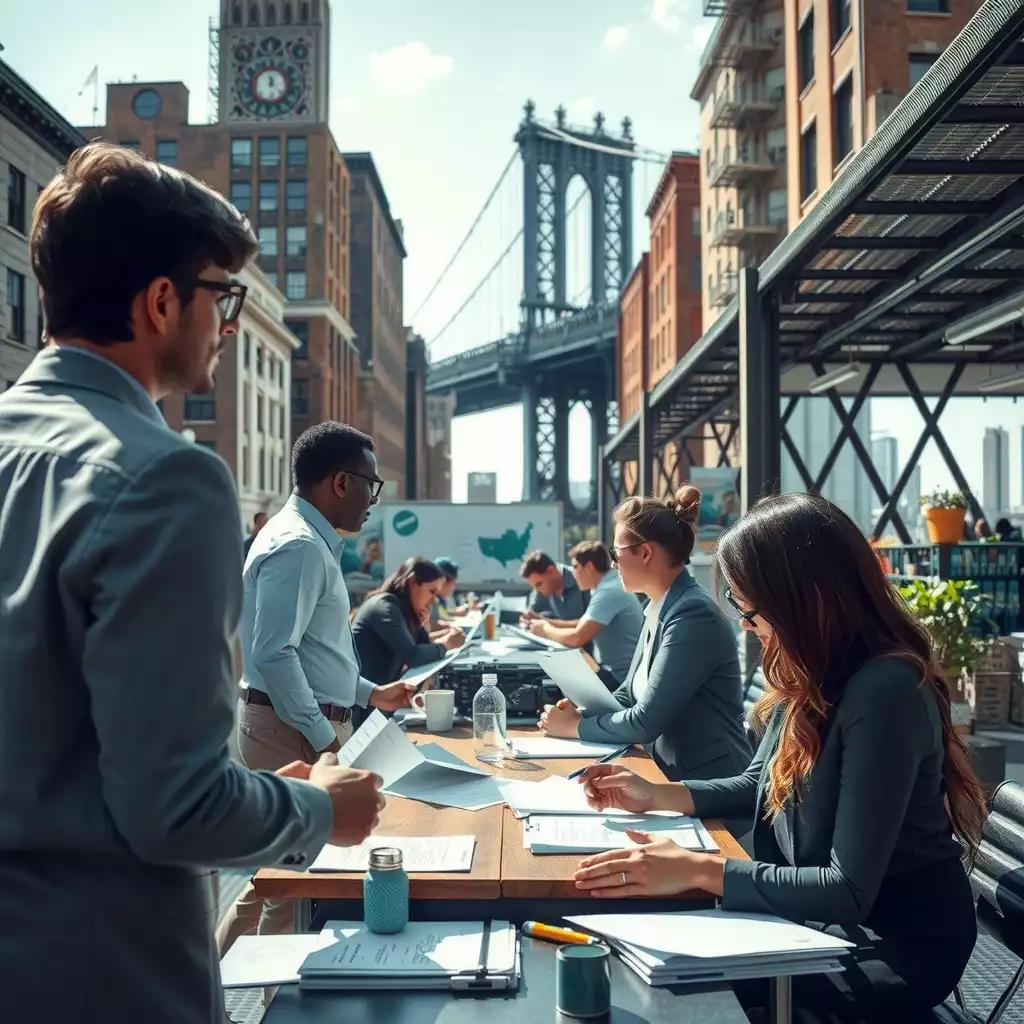 A busy Brooklyn office scene with professionals discussing compliance documents, featuring elements of local architecture and culture, conveying a sense of diligence and responsibility.