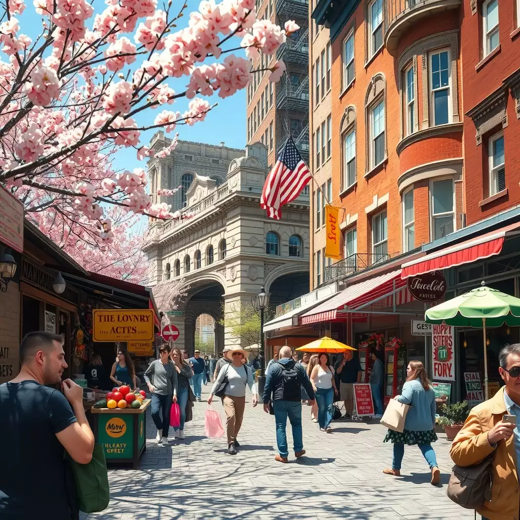 A vibrant street scene in Brooklyn featuring cherry blossoms, bustling markets, and diverse community activities, showcasing local shops and eateries with elements of budgeting and wish lists subtly integrated.