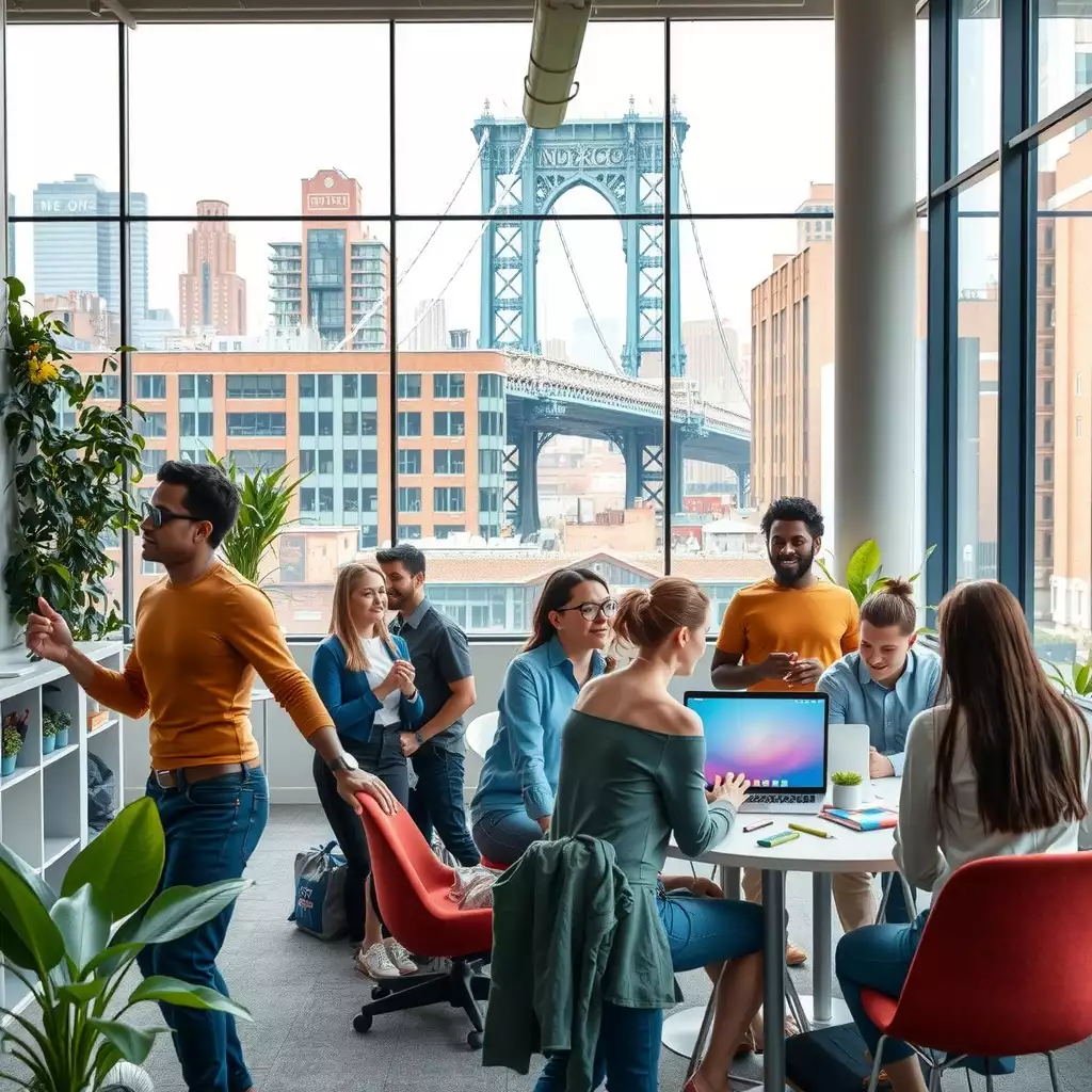 A vibrant modern office in Brooklyn, featuring diverse teams collaborating and engaging in innovative discussions, with iconic city architecture in the background.