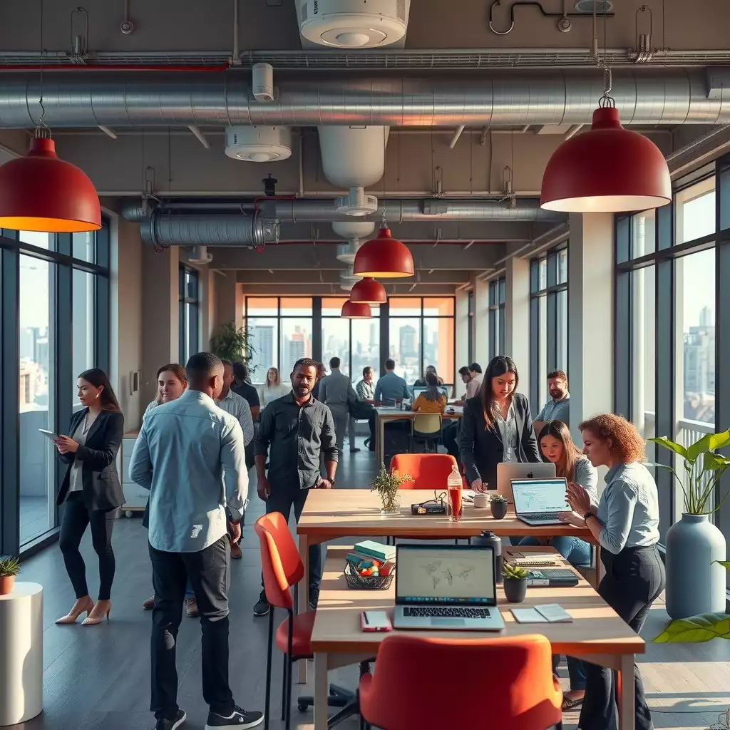 An energetic Brooklyn agency office filled with diverse professionals collaborating in a modern open workspace, featuring large windows showcasing the city skyline and vibrant design elements.