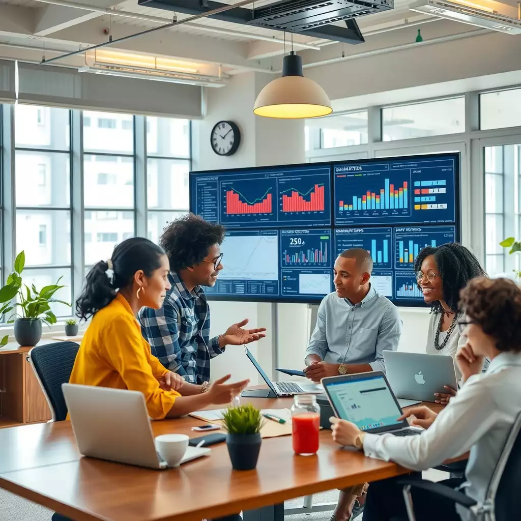 A diverse team of professionals collaborates in a modern office space, surrounded by digital displays and data analytics tools, embodying teamwork and innovation while focusing on pay equity and diversity.