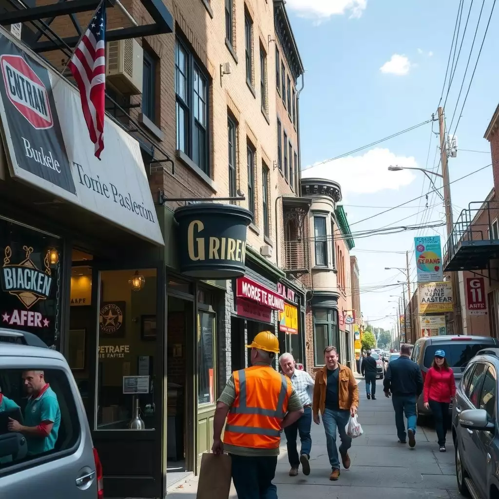 A vibrant Brooklyn street scene showcasing various local businesses engaged in safety measures, with employees using digital tools and participating in safety briefings to promote workplace well-being and compliance.