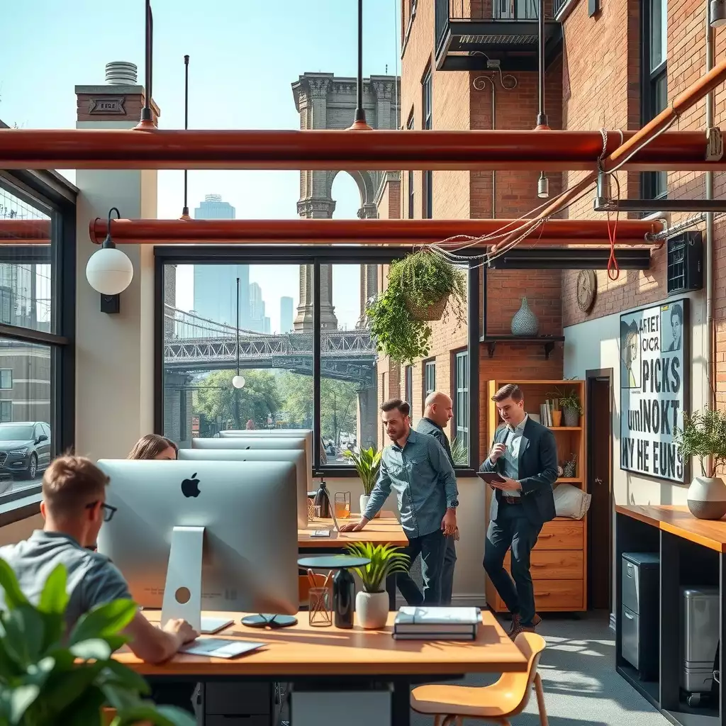 Dynamic workspace in Brooklyn showcasing collaborative teams, modern office design, and elements of the area's cultural backdrop, reflecting innovation and opportunity.
