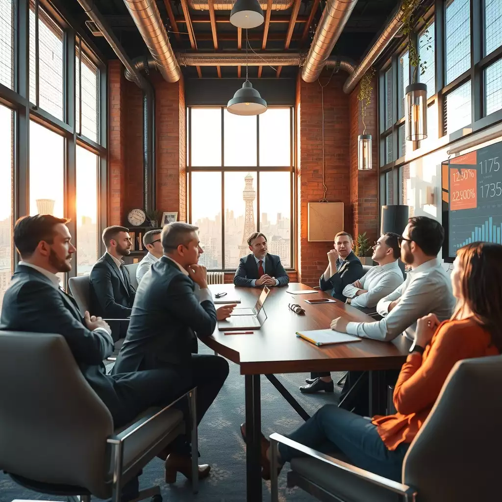 A vibrant conference room filled with engaged CEOs discussing hiring trends, featuring modern decor, digital screens with charts, and expressions of determination and innovation.