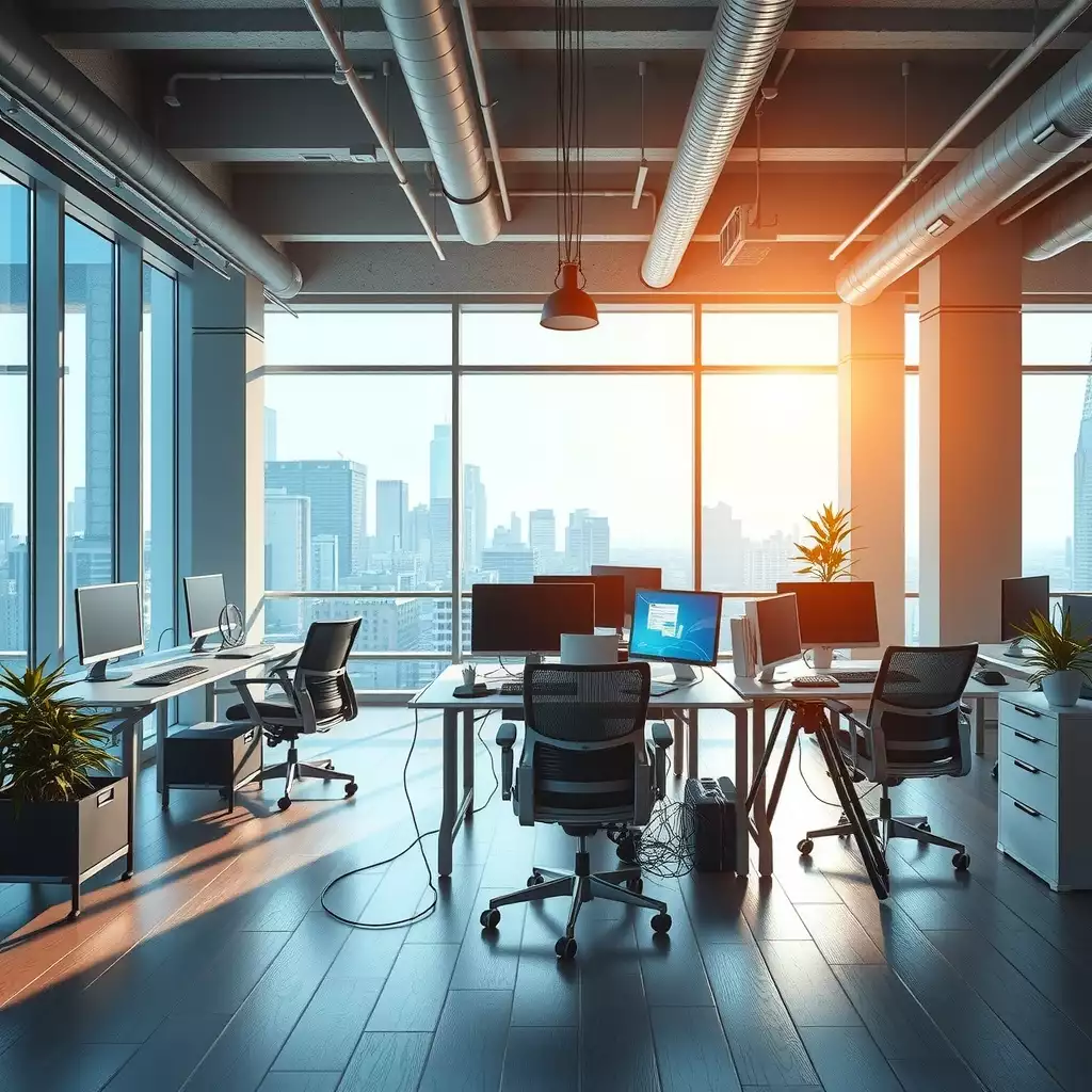 Modern office space in Brooklyn featuring sleek workstations, advanced AI tools, and large windows allowing natural light to create an energetic and dynamic work environment.