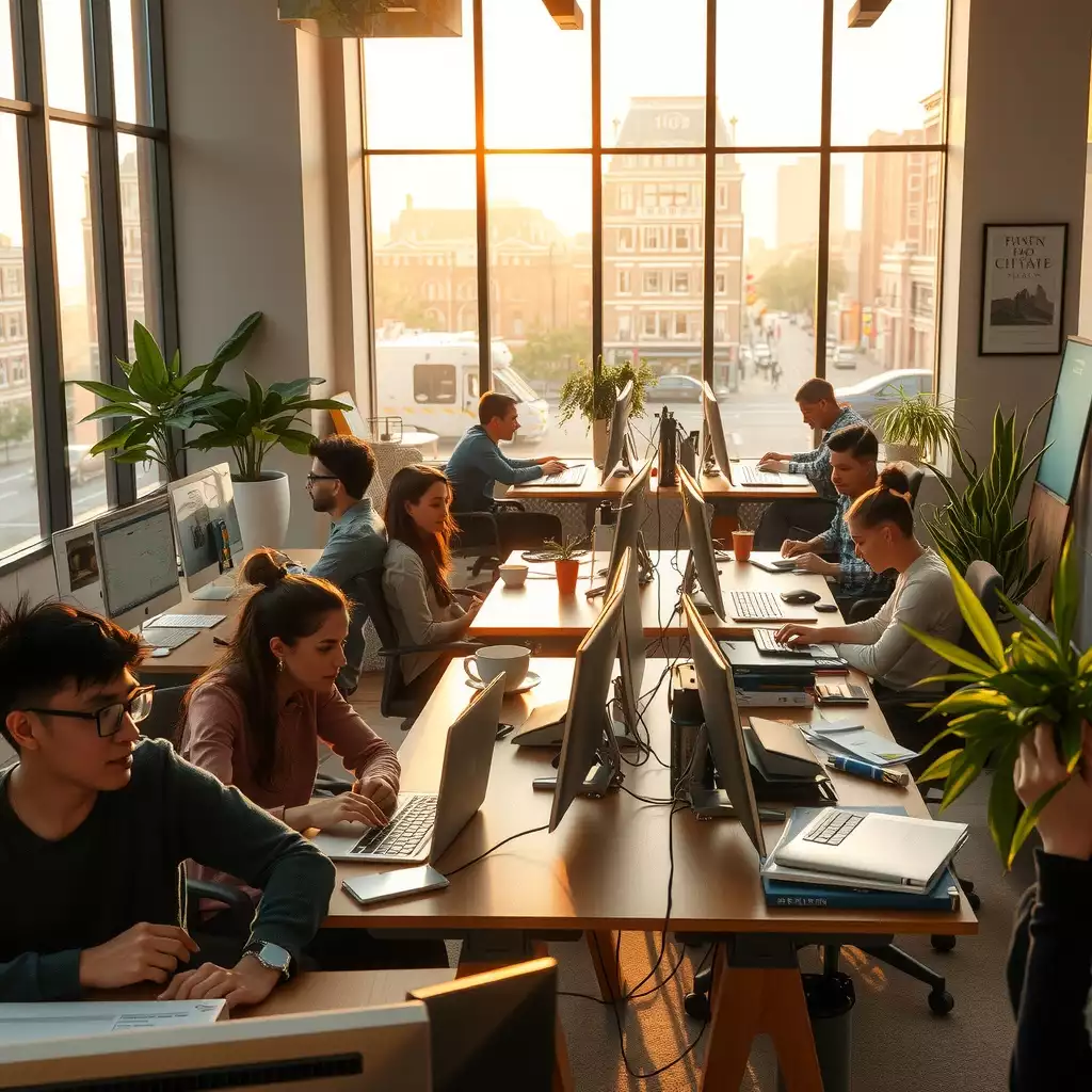 A vibrant office scene in Brooklyn featuring engaged employees collaborating at modern workstations, with large windows allowing soft natural light to illuminate the space, reflecting the energy and culture of the area.