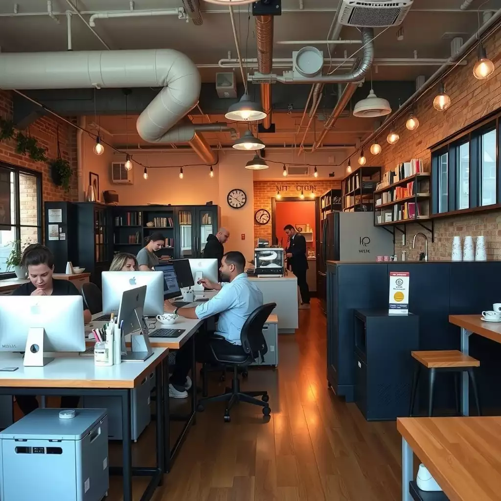 A vibrant workspace in Brooklyn filled with employees collaborating at modern workstations, showcasing creativity and a sense of community.