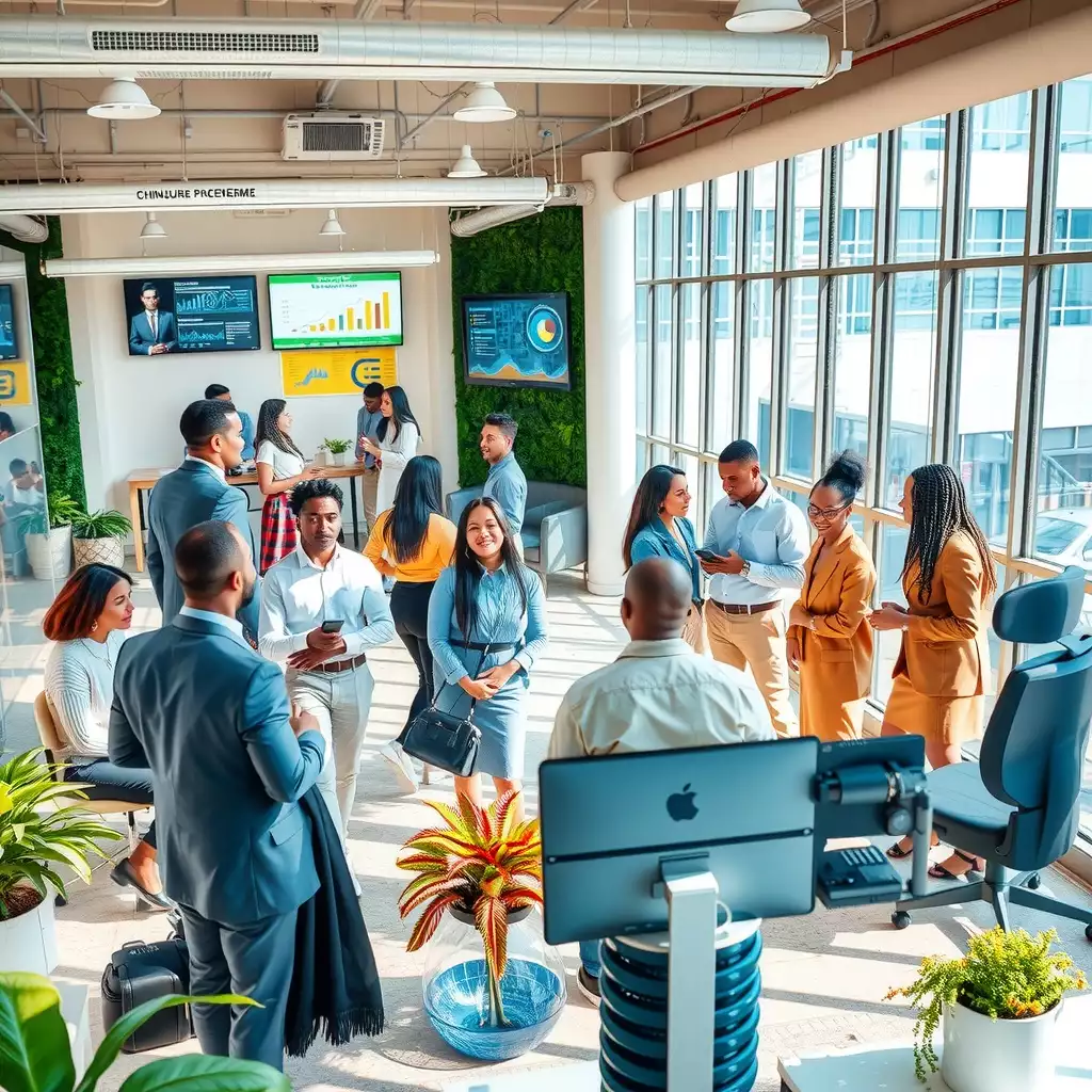 A vibrant office scene in Brooklyn showcasing a diverse group of professionals collaborating with advanced technology, including digital screens displaying analytics and charts, reflecting a dynamic workplace culture.
