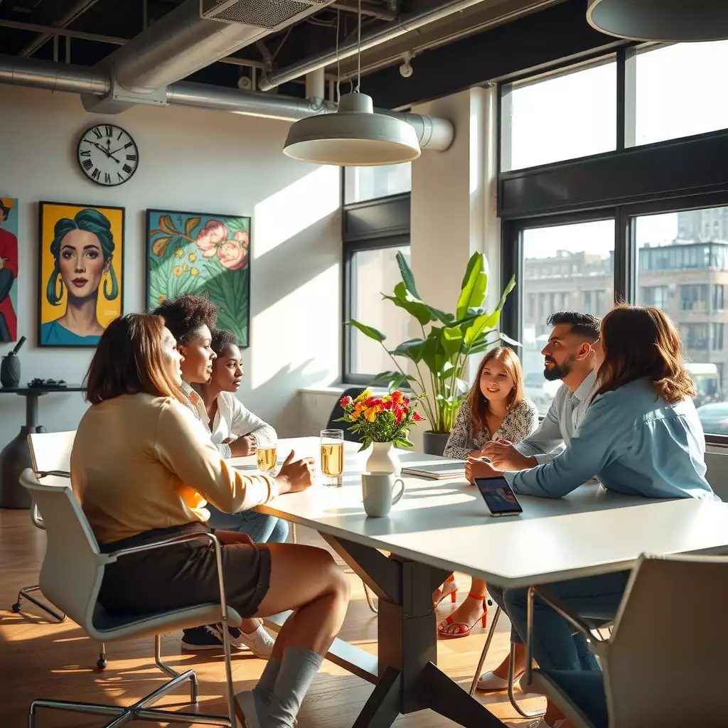 Diverse teams collaborating in a modern office, engaged in discussions around a conference table with vibrant artwork and natural light.