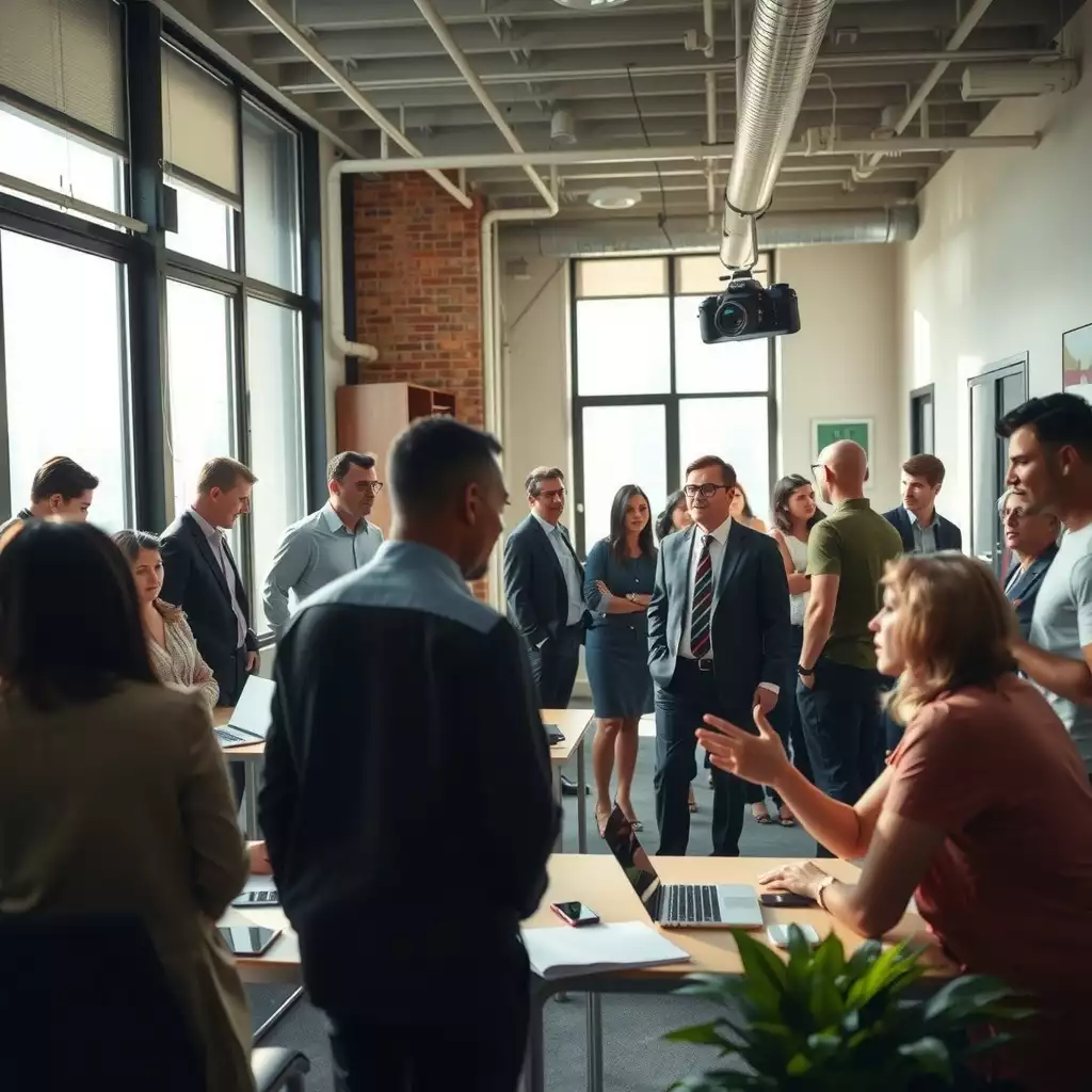A diverse group of professionals engaged in discussions in a modern Brooklyn office environment, showcasing collaboration and focus amid a bustling atmosphere.