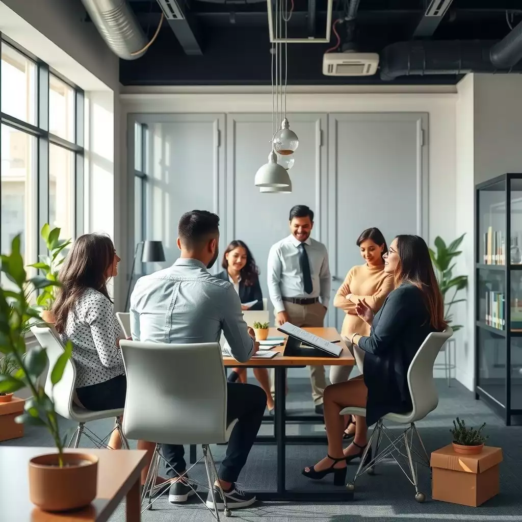 An engaging office scene in Brooklyn featuring a diverse group of professionals collaborating over employment contracts, surrounded by modern decor and a vibrant atmosphere.