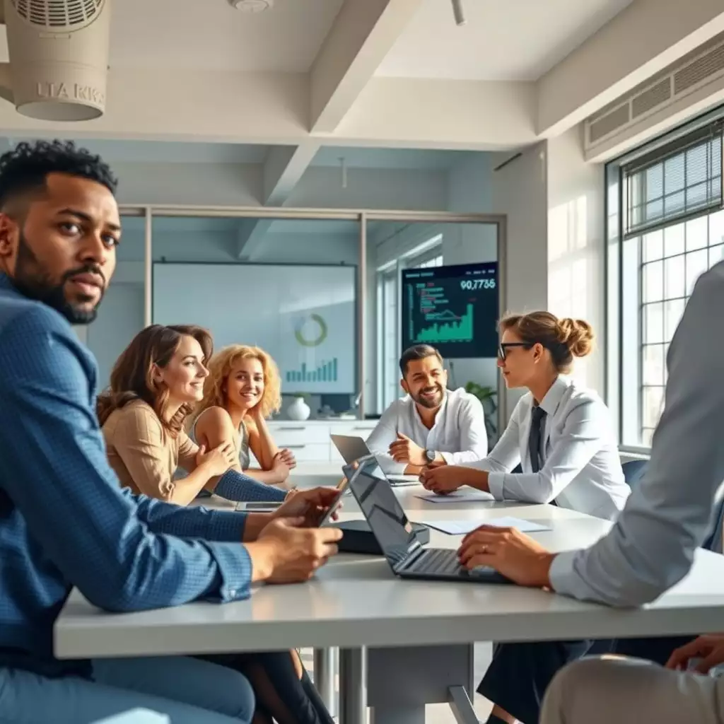 A diverse group of professionals engaged in a collaborative meeting in a modern office, discussing AI hiring tools with laptops and charts present, conveying innovation and inclusivity.