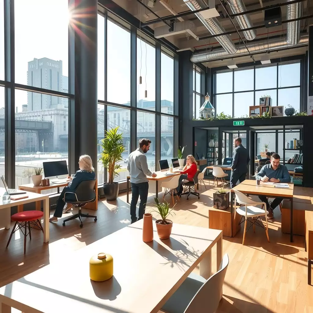 A vibrant open-concept office space in Brooklyn, showcasing collaborative work areas and engaged team members, reflecting creativity and growth in a modern professional environment.