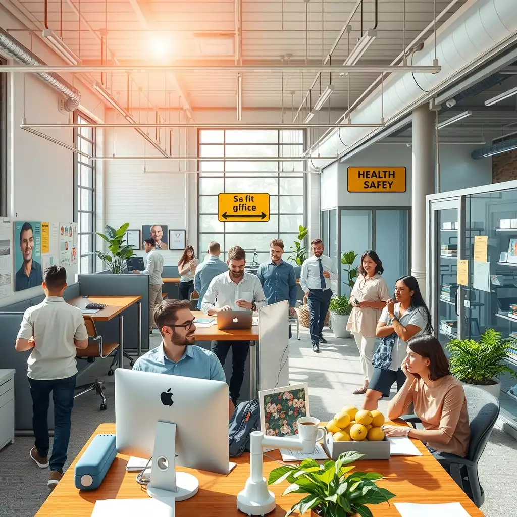 A vibrant office scene in Brooklyn featuring diverse employees practicing safety and health measures, surrounded by ergonomic workspaces and clear safety signage, reflecting a sense of community and responsibility.