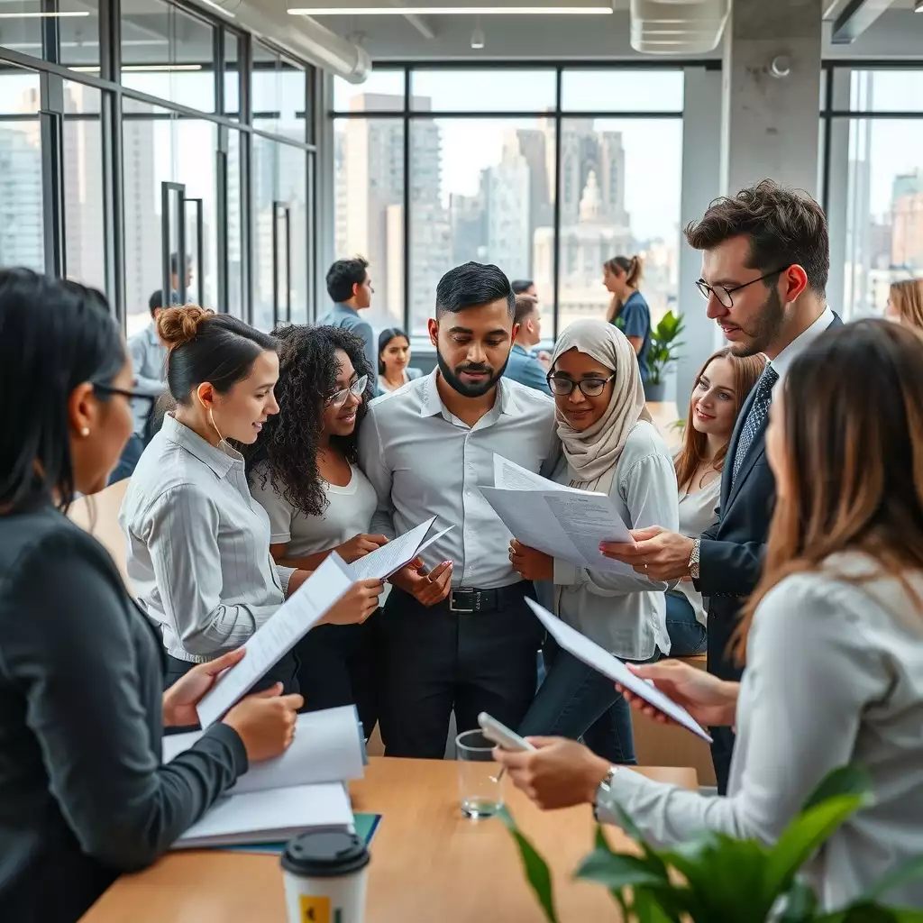 A diverse group of professionals collaborating in a modern office setting, engaged in discussions about hiring practices with documents and digital devices.