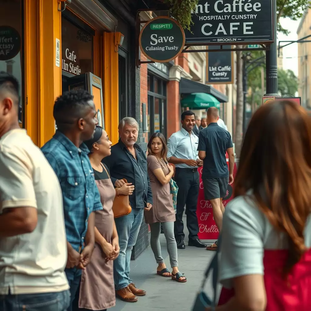 A bustling Brooklyn café scene with diverse staff preparing for shifts, vibrant storefronts, and lively interactions between employees and customers.