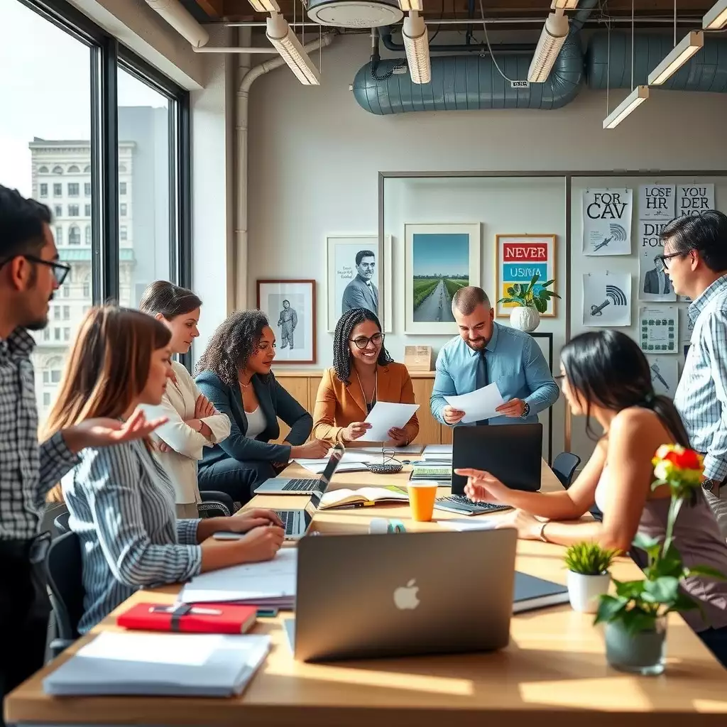 A diverse HR team collaborates in a modern office, discussing new sick time regulations amidst vibrant decor and natural light.
