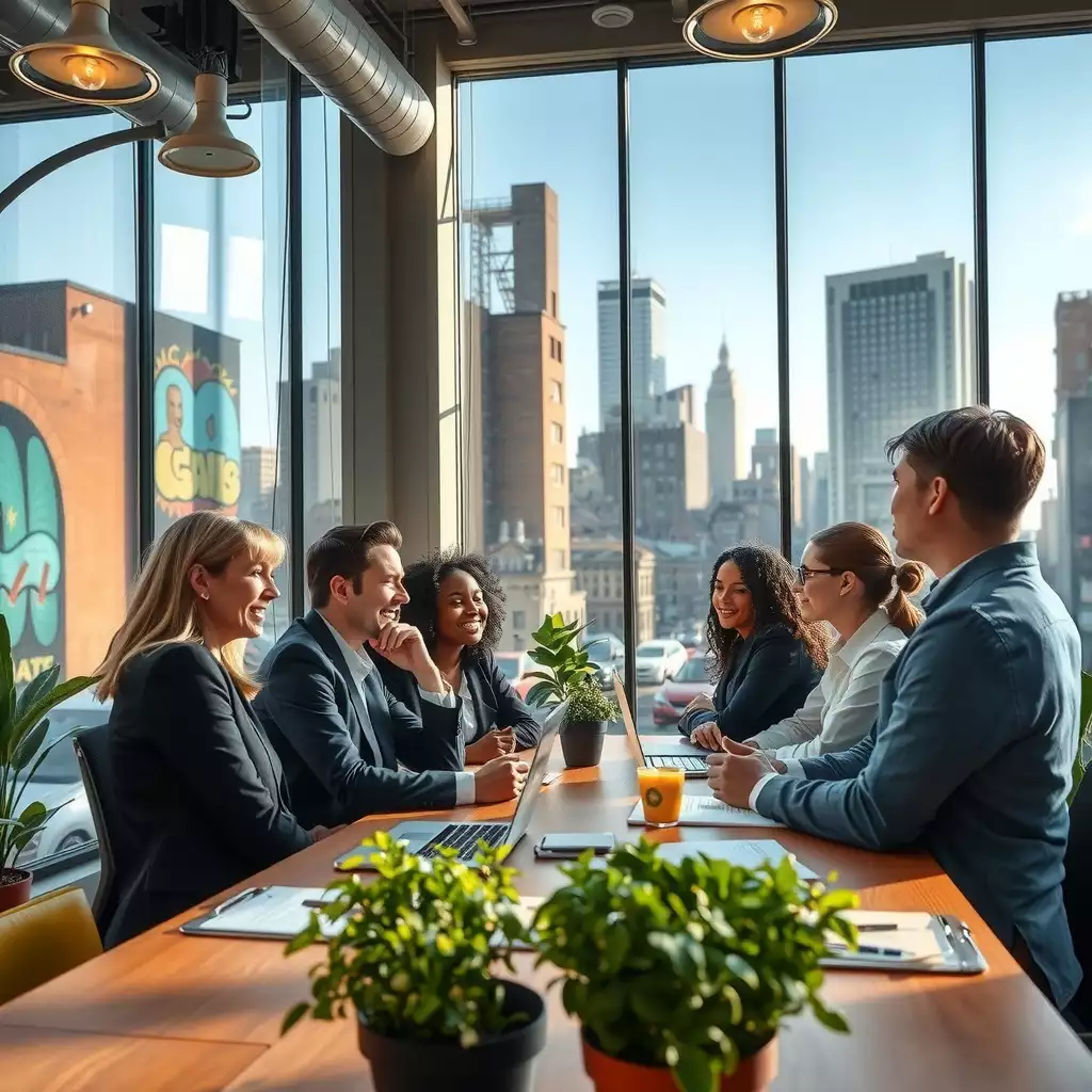 A diverse group of professionals engaged in discussion in a modern Brooklyn office, featuring elements of urban culture such as iconic architecture and street art, conveying collaboration and awareness of labor regulations.