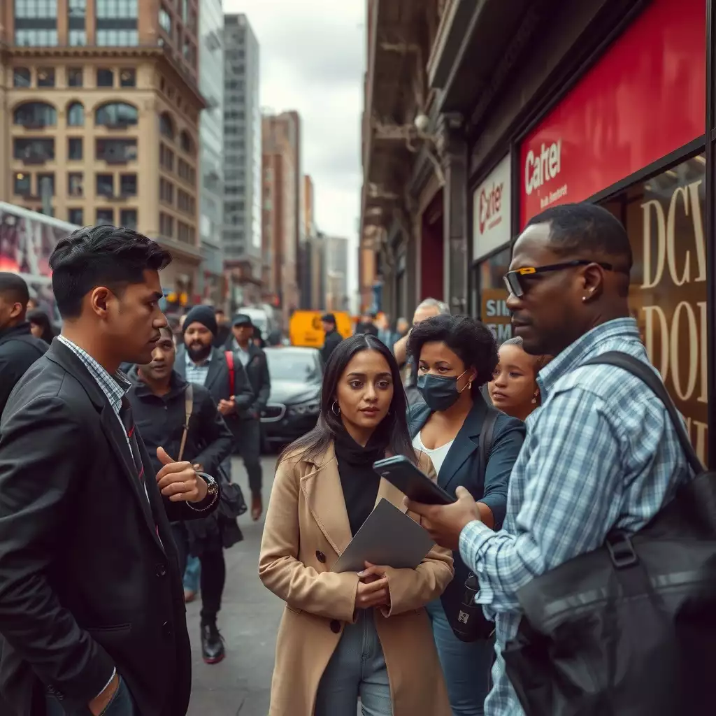 A diverse group of professionals engaged in serious discussions outside a modern office building in Brooklyn on an overcast day, capturing the contrasting themes of urban energy and economic uncertainty.