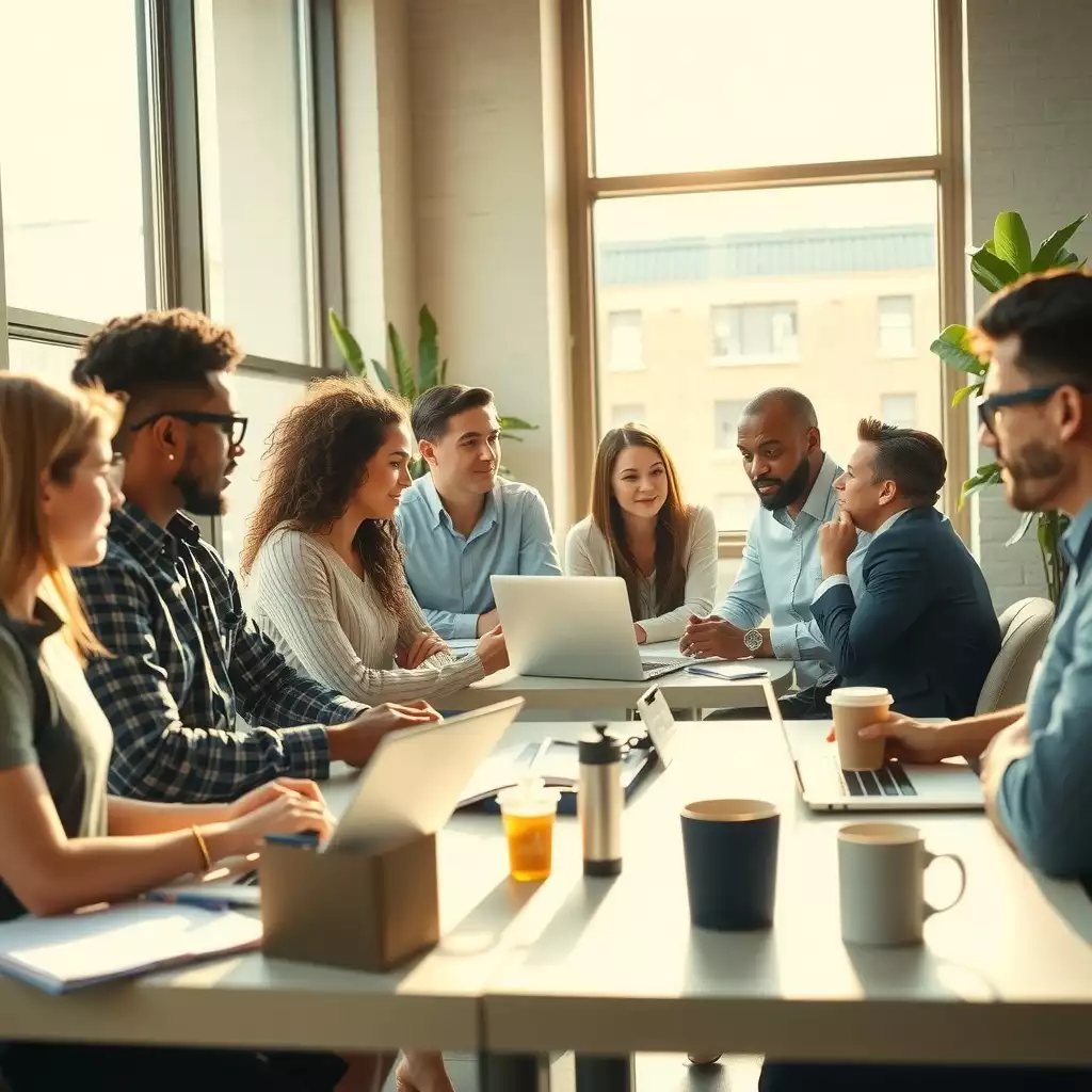 A vibrant office scene in Brooklyn showcasing diverse individuals collaborating around modern workspaces, with laptops, notepads, and coffee cups highlighting the contrast between traditional employment and gig work.