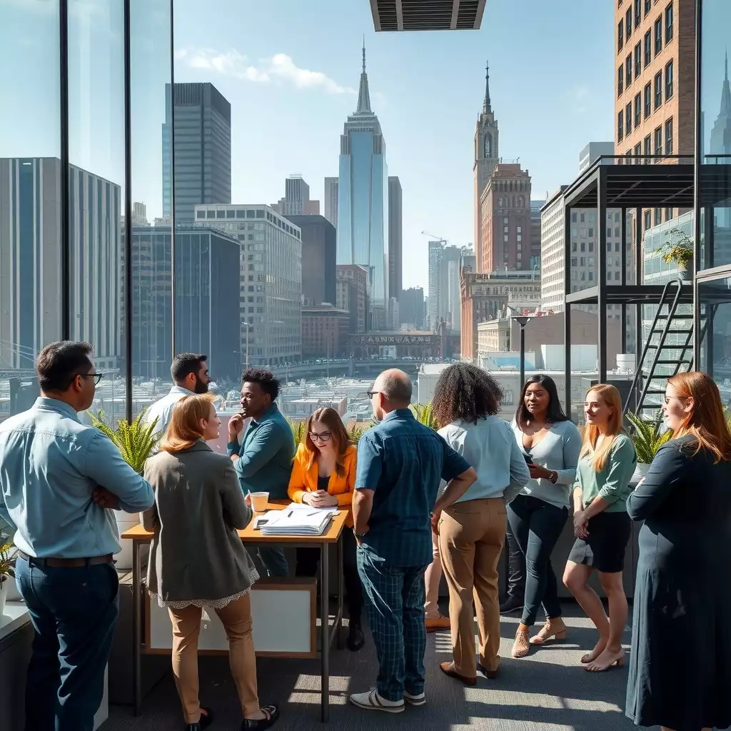 A diverse group of professionals engaged in discussions about job postings in a bustling Brooklyn office, with the city's skyline and iconic architecture in the background, reflecting themes of transparency and inclusivity in the modern workplace.