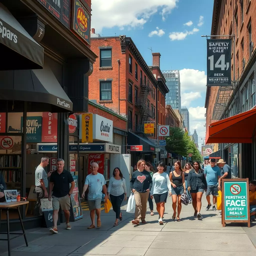 A vibrant Brooklyn street scene showcasing diverse shoppers and local retailers adapting to new safety measures, with iconic architecture in the background.