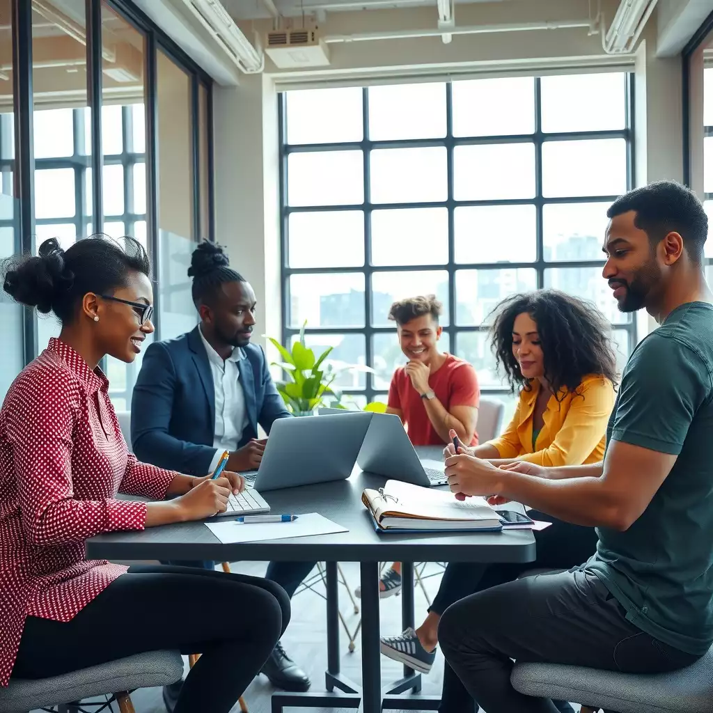 A diverse team of professionals engaged in a strategic meeting in a modern co-working space, discussing staffing contracts with laptops and notepads. The environment is filled with natural light and showcases collaboration and urgency.