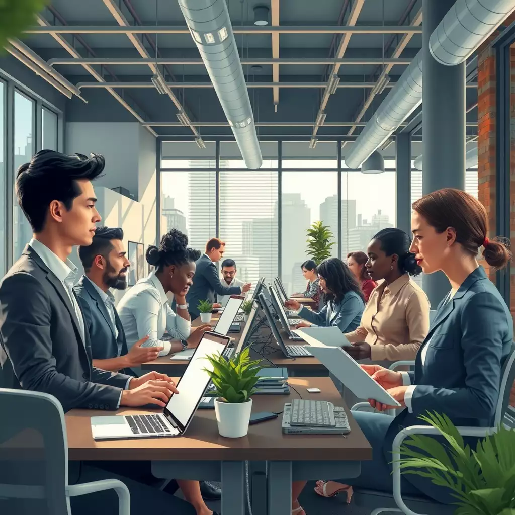 A vibrant office scene depicting a diverse group of job seekers and recruiters engaged in conversations, reviewing resumes, and participating in virtual interviews, showcasing a sense of community and resilience in a modern Brooklyn staffing agency.