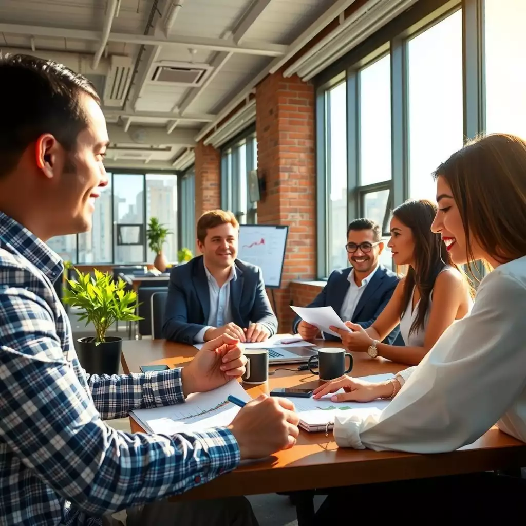 A modern office setting in Brooklyn with diverse professionals discussing staffing strategies, surrounded by charts and documents, showcasing collaboration and transparency.