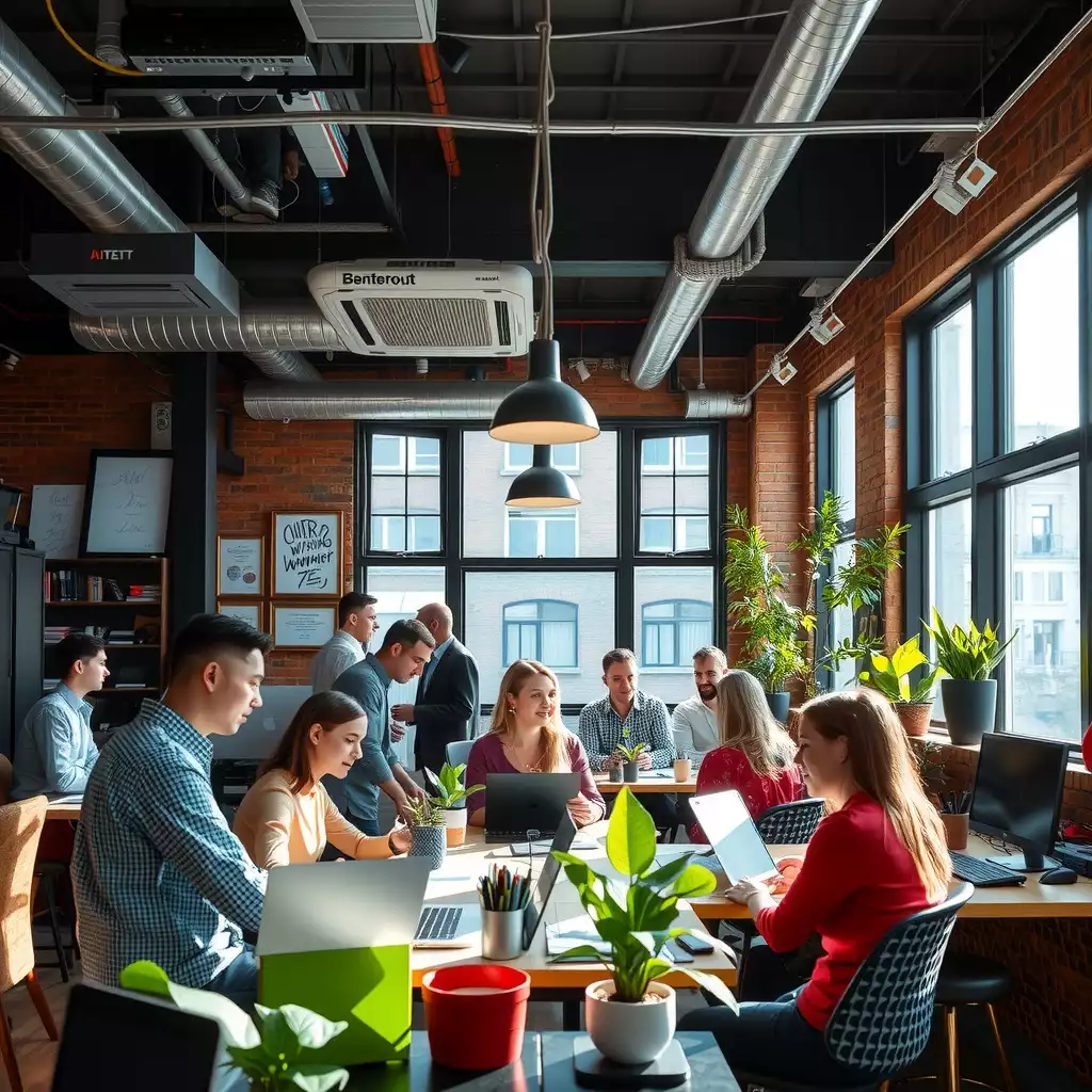 A vibrant co-working space in Brooklyn, filled with diverse professionals collaborating on innovative projects, showcasing a blend of technology and creativity.