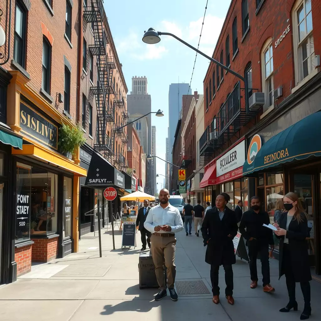 A bustling Brooklyn street scene featuring diverse storefronts, with shopkeepers participating in violence prevention training, highlighting community engagement and safety measures.
